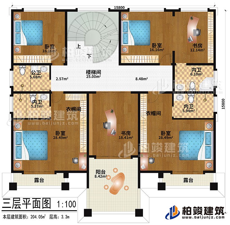 三層：樓梯間、4臥室、2衣帽間、2書房、公衛、3內衛、2露台、陽台