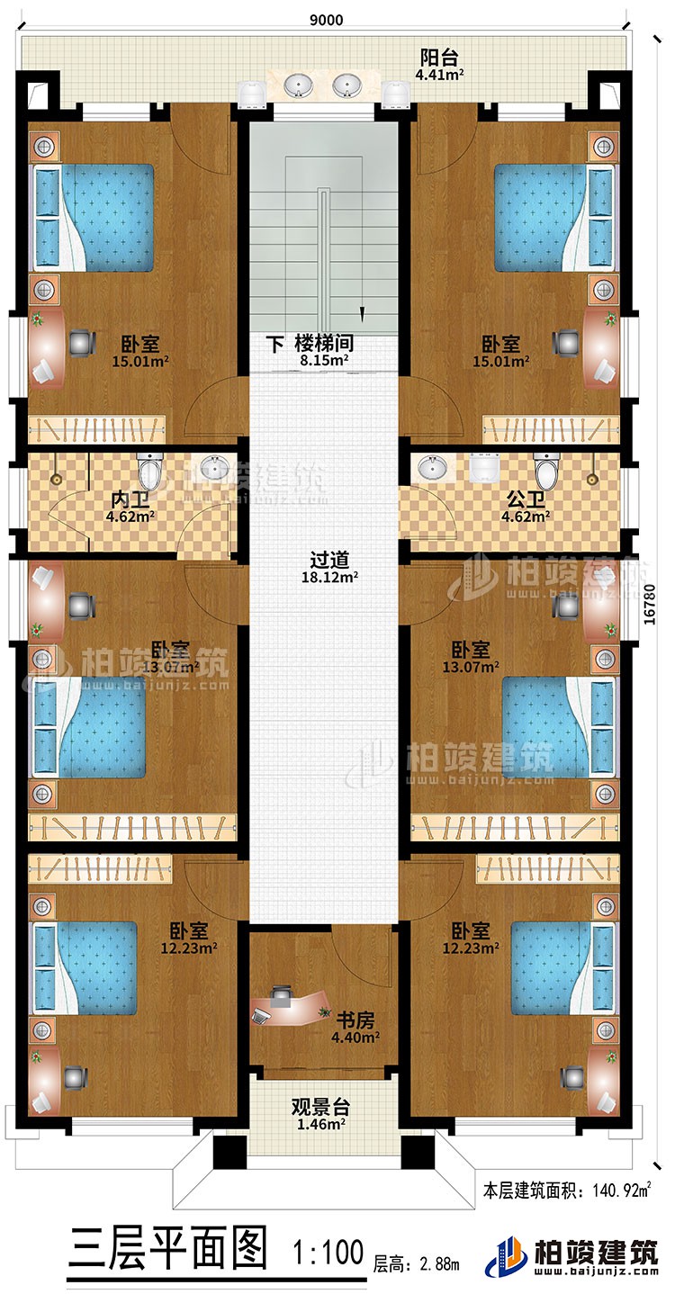 三層：6臥室、過道、樓梯間、書房、觀景台、公衛、內衛、陽台