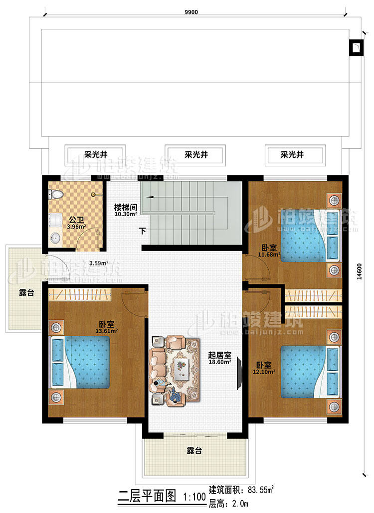 二層：3采光井、樓梯間、起居室、3臥室、2露台