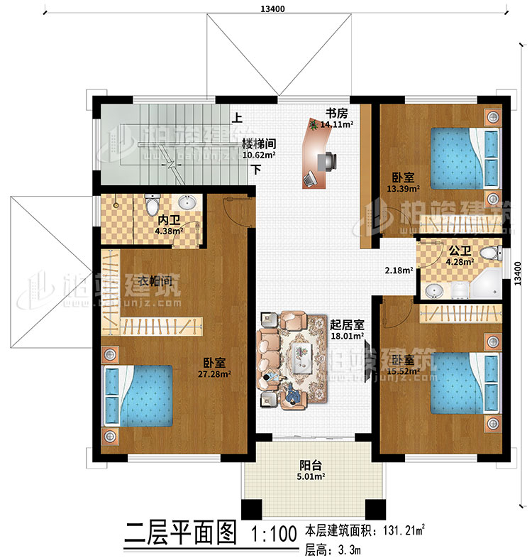 二層：室外觀景露台、地下車庫入口、入戶門廊、玄關、客廳、神龕、茶室、樓梯間、2臥室、公衛、內衛